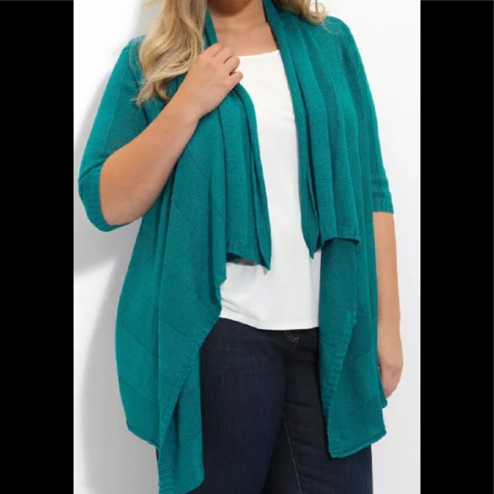 EILEEN FISHER Linen Silk TURQUOISE Waterfall Cascade Cardigan w/Pin